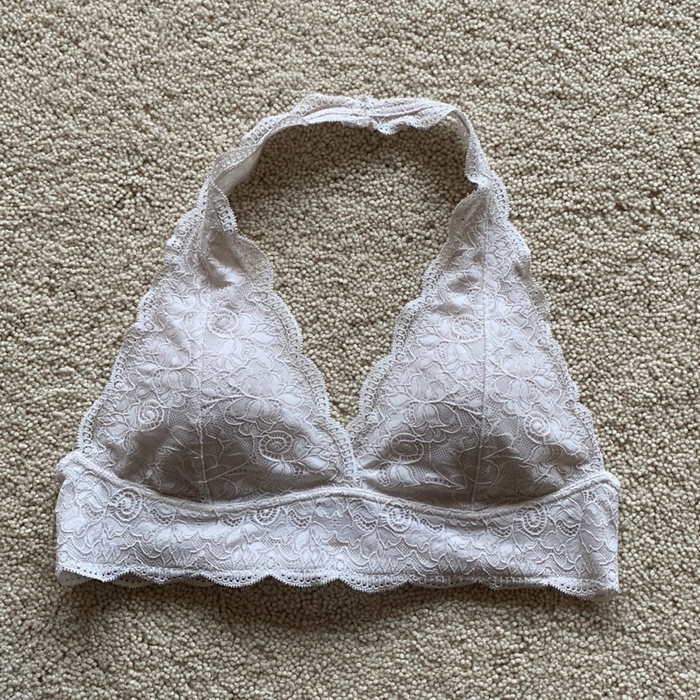 White lace bralette (goes around the neck with an open back)
